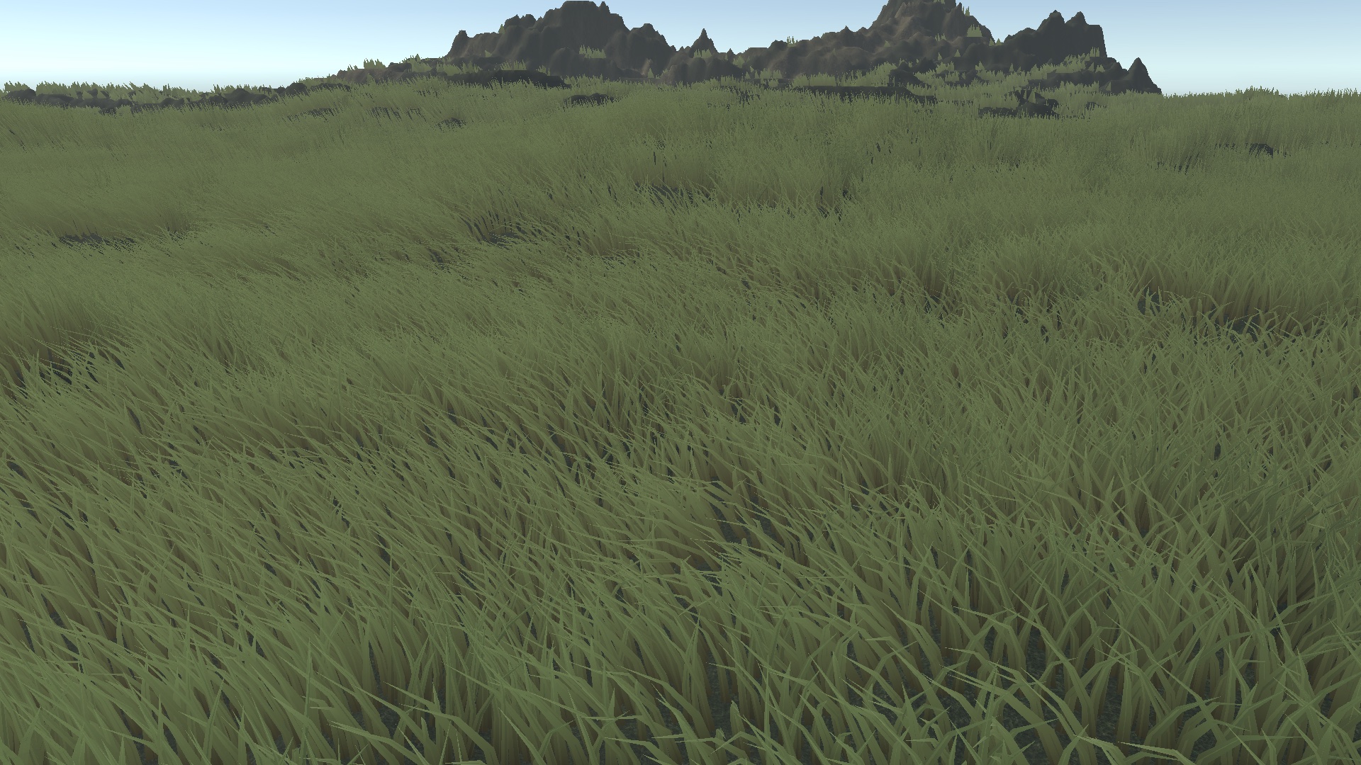 Close view of dense Kiwi Grass blades across a Unity Terrain